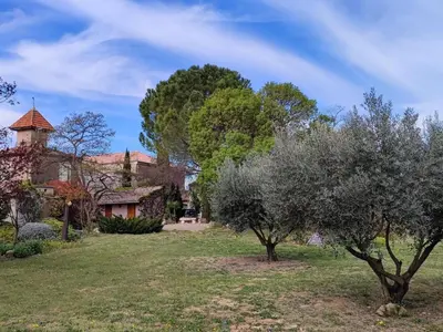 an old house with trees in the yard at Spacious holiday home with private pool and park in Puisserguier