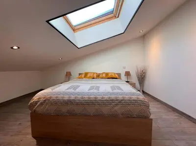 a bedroom with a large bed with a skylight at Appartement Cosy à Narbonne in Narbonne
