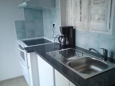 a kitchen with a sink and a counter top at Le Cabanon in Lacrouzette