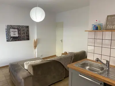 a living room with a couch and a sink at T2 cosy avec espace extérieur in Lézignan-Corbières