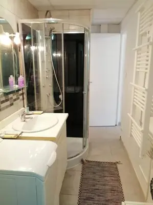 a bathroom with a shower and a sink and a mirror at Studio proche du centre-ville in Carcassonne