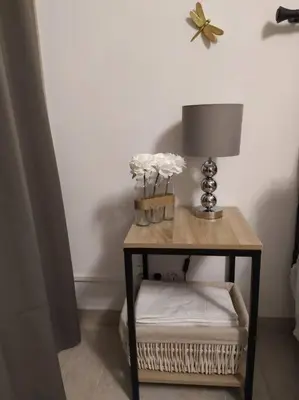 a table with a lamp and flowers on it at Studio proche du centre-ville in Carcassonne