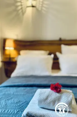 a towel with a red flower on top of a bed at Gîte de caractère La Grange Saint Papoul in Saint-Papoul