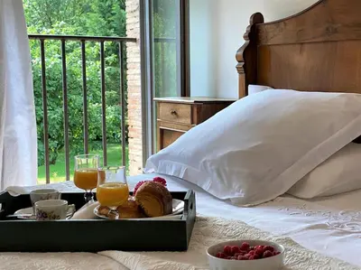 a tray of food on a bed with a tray of orange juice at Gîte de caractère La Grange Saint Papoul in Saint-Papoul