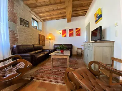 a living room with a couch and a tv at Gîte de caractère La Grange Saint Papoul in Saint-Papoul