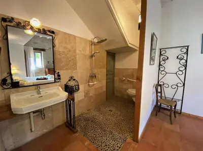 a bathroom with a sink and a mirror and a toilet at Gîte de caractère La Grange Saint Papoul in Saint-Papoul