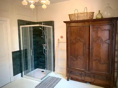 a bathroom with a shower and a wooden cabinet at Sous le Tilleul de la Condomine in Payrin-Augmontel