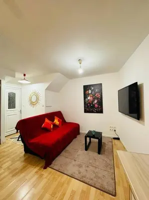 a living room with a red couch and a flat screen tv at Appart T3 centre ville Castres in Castres