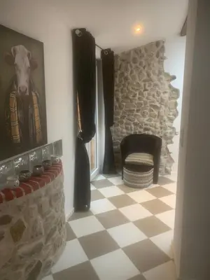 a room with a stone wall with a picture of a cow at Loft ANNEXE de La Villaé in Mazamet