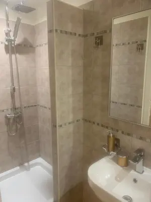 a bathroom with a shower and a sink and a mirror at Loft ANNEXE de La Villaé in Mazamet