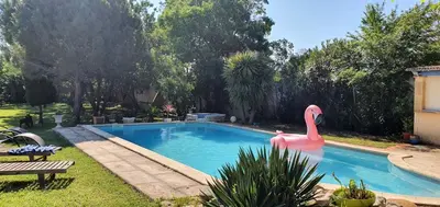 a swimming pool with a pink flamingo in a yard at Maison charmante à Narbonne avec piscine et jardin in Narbonne
