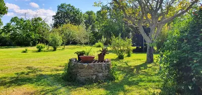 a garden with potted plants on a stone wall at Maison charmante à Narbonne avec piscine et jardin in Narbonne