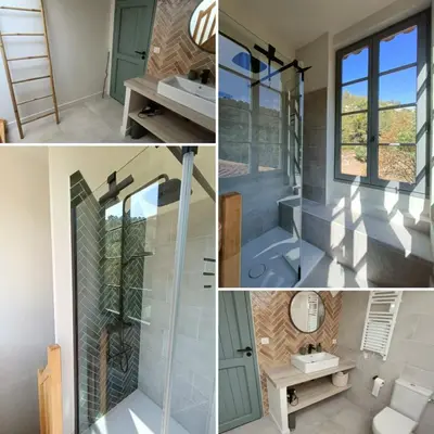a collage of photos of a bathroom with green doors at Le Moulin de La Grave - Lagrasse in Lagrasse