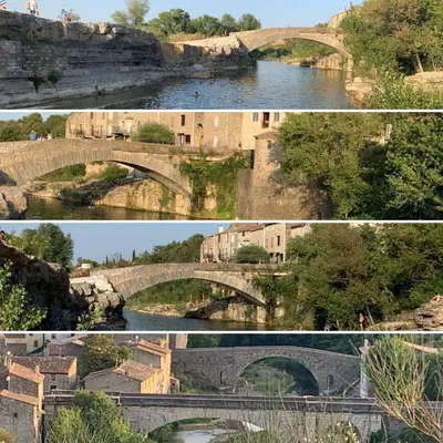 two pictures of a bridge and a river at Le Moulin de La Grave - Lagrasse in Lagrasse