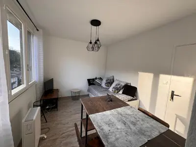 a living room with a table and a couch at Studio Rennes les bains au pied des Thermes in Rennes-les-Bains