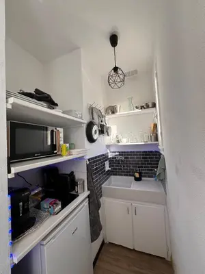 a small kitchen with a sink and a microwave at Studio Rennes les bains au pied des Thermes in Rennes-les-Bains