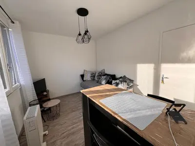 a living room with a table and a couch at Studio Rennes les bains au pied des Thermes in Rennes-les-Bains