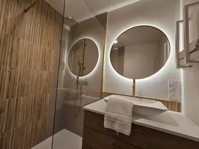 a bathroom with a shower and a sink and a mirror at LE JACQUARD Appartement Type 2 proche des Halles in Narbonne