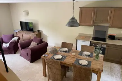 a kitchen and living room with a wooden table and purple chairs at Maison Kokopetit - Dans les Corbières in Saint-Laurent-de-la-Cabrerisse