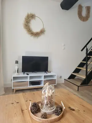 a living room with a flat screen tv on a entertainment center at Maison de village à la décoration bohème jusqu'à 6 personnes in Viviers-lès-Montagnes