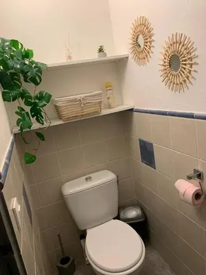 a bathroom with a white toilet and a mirror at Jolie Villa piscine à 15 min du Barcarès in Salses-le-Chateau