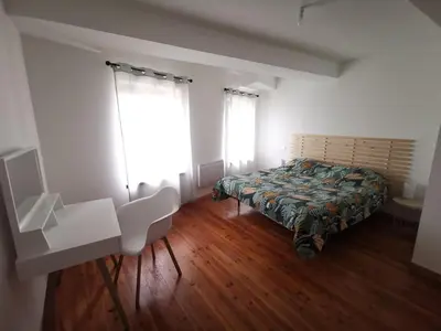 a bedroom with a bed and two windows at La terrasse des Augustins in Limoux