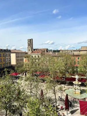 a view of a city with a fountain and buildings at O'mA Style in Carcassonne