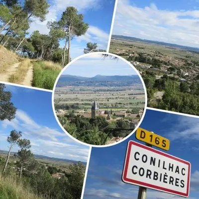 a collage of pictures of a view of a city at La Cave... entre Narbonne et Carcassonne in Conilhac-Corbières