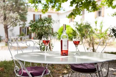 a bottle of wine sitting on a table with two glasses at Maison de la Roche in Ferrals-lès-Corbières