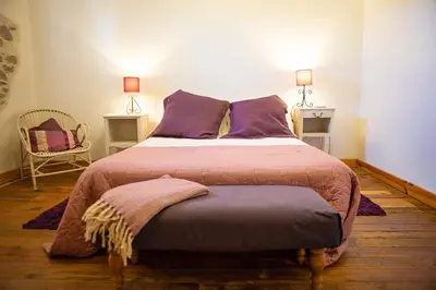 a bedroom with a large bed with purple pillows at Maison de la Roche in Ferrals-lès-Corbières