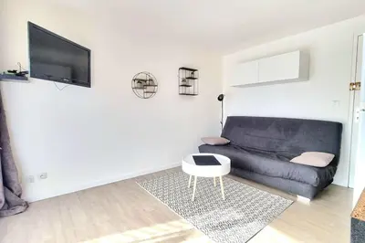 a living room with a couch and a tv at Appartement Iris Résidence les Grenadines in Gruissan