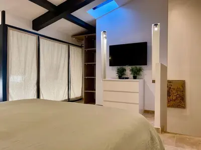 a bedroom with a bed and a flat screen tv at Le Saint-Jean - Cœur de La Cité Médiévale in Carcassonne