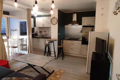a kitchen and living room with a white refrigerator at Appartement 4 personnes in Port-la-Nouvelle