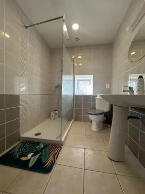 a bathroom with a shower and a toilet and a sink at Maison confortable - 5min de Carcassonne in Conques-sur-Orbiel