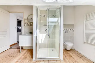 a bathroom with a shower and a toilet at Le Marty - wifi - central - climatison - parking gratuit in Carcassonne