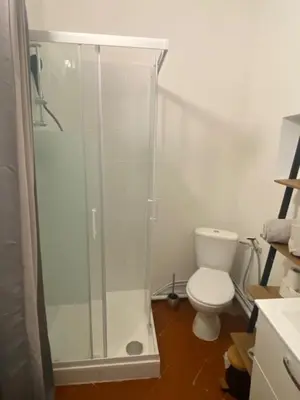 a bathroom with a toilet and a glass shower at LE BELFORT 2 Studio lunimeux Quartier les halles in Narbonne