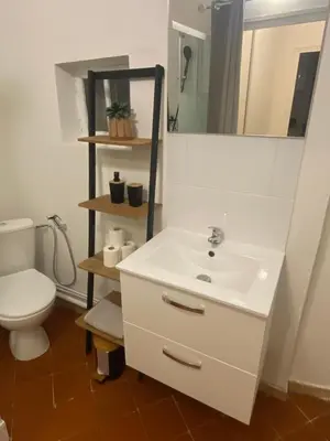 a bathroom with a white sink and a toilet at LE BELFORT 2 Studio lunimeux Quartier les halles in Narbonne