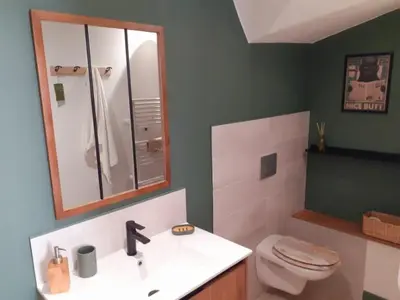 a bathroom with a toilet and a sink and a mirror at La maison de Mona in Carcassonne