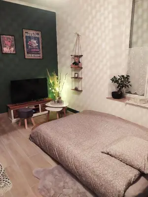 a bedroom with a bed and a flat screen tv at La maison de Mona in Carcassonne