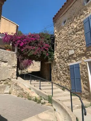 a stone building with stairs with pink flowers at L'olivier de Nonna in Gruissan