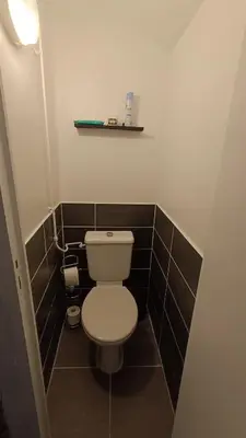 a small bathroom with a toilet and black tiles at Charmante Maison de Village T3 Rénovée et son Jardin in Revel