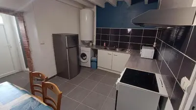 a small kitchen with a stove and a refrigerator at Charmante Maison de Village T3 Rénovée et son Jardin in Revel