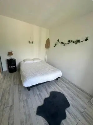 a bedroom with a bed with a shadow on the floor at Appartement T3 in Marseillette