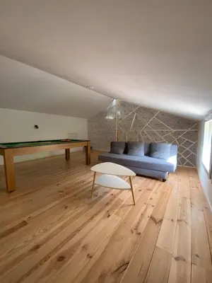 a living room with a couch and a pool table at Le gîte du bonheur in Dalou
