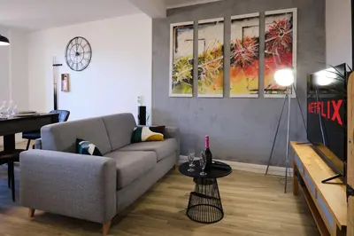 a living room with a couch and a table at Magnifique*T4*centre ville*WIFI*Billard*Netflix* in Limoux