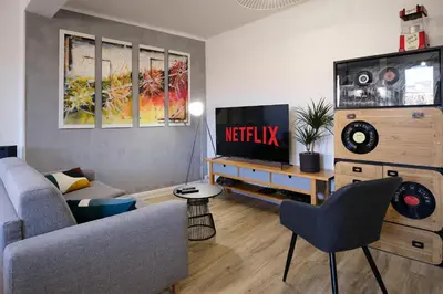 a living room with a couch and a tv at Magnifique*T4*centre ville*WIFI*Billard*Netflix* in Limoux