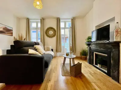a living room with a couch and a fireplace at Le Petit Balcon de Verdun - Carcassonne centre in Carcassonne