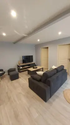 a living room with two couches and a television at Un Petit Coin Douillet au Pradel in Montredon-Labessonnié