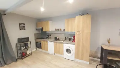 a kitchen with a sink and a washing machine at Un Petit Coin Douillet au Pradel in Montredon-Labessonnié