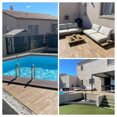 a collage of three pictures of a swimming pool at Charmante maison avec petite piscine et jardin in Port-la-Nouvelle